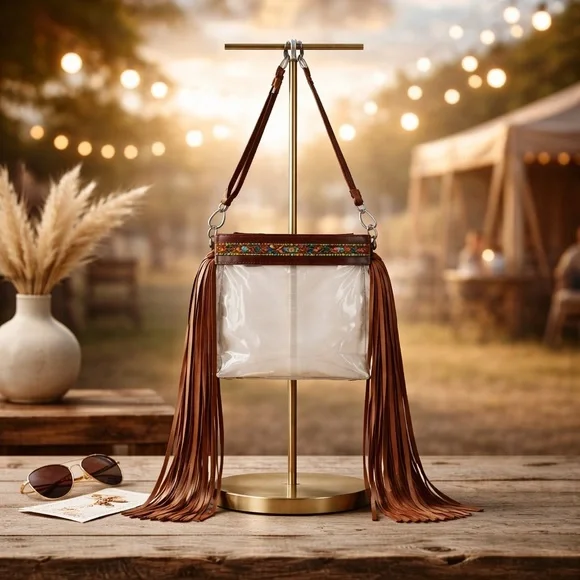 New Stadium Concert Bag Clear Adjustable Crossbody with Brown Leather Fringe - Picture 2 of 7
